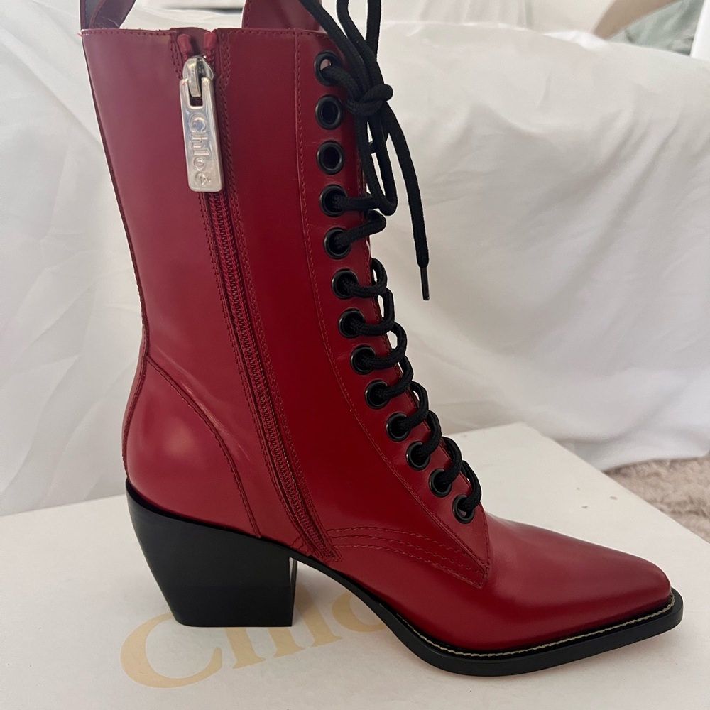CHLOE Rylee Red Patent Leather Pointed Cuban Heel Lace Up Ankle Boots 37